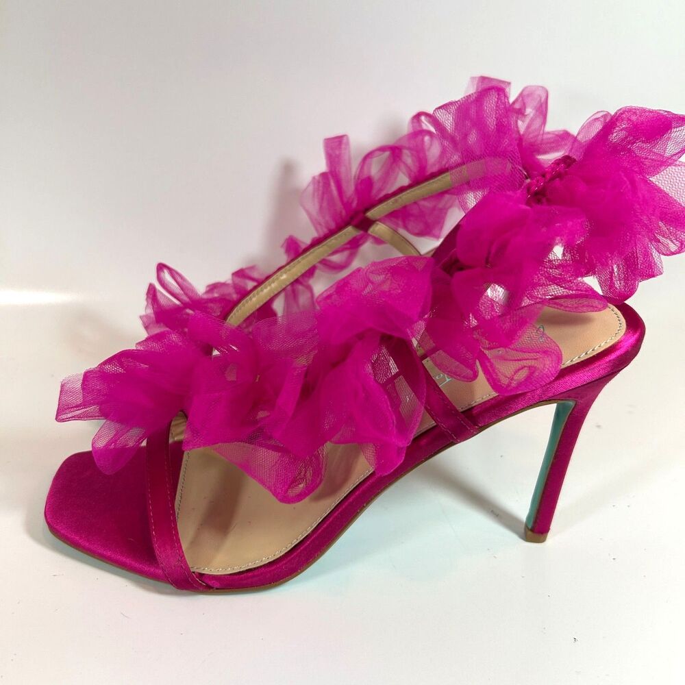 Betsy Johnson SB-Devon Size 8 Tulle Ruffle Slingback Heels Hot Pink Green - Picture 3 of 11
